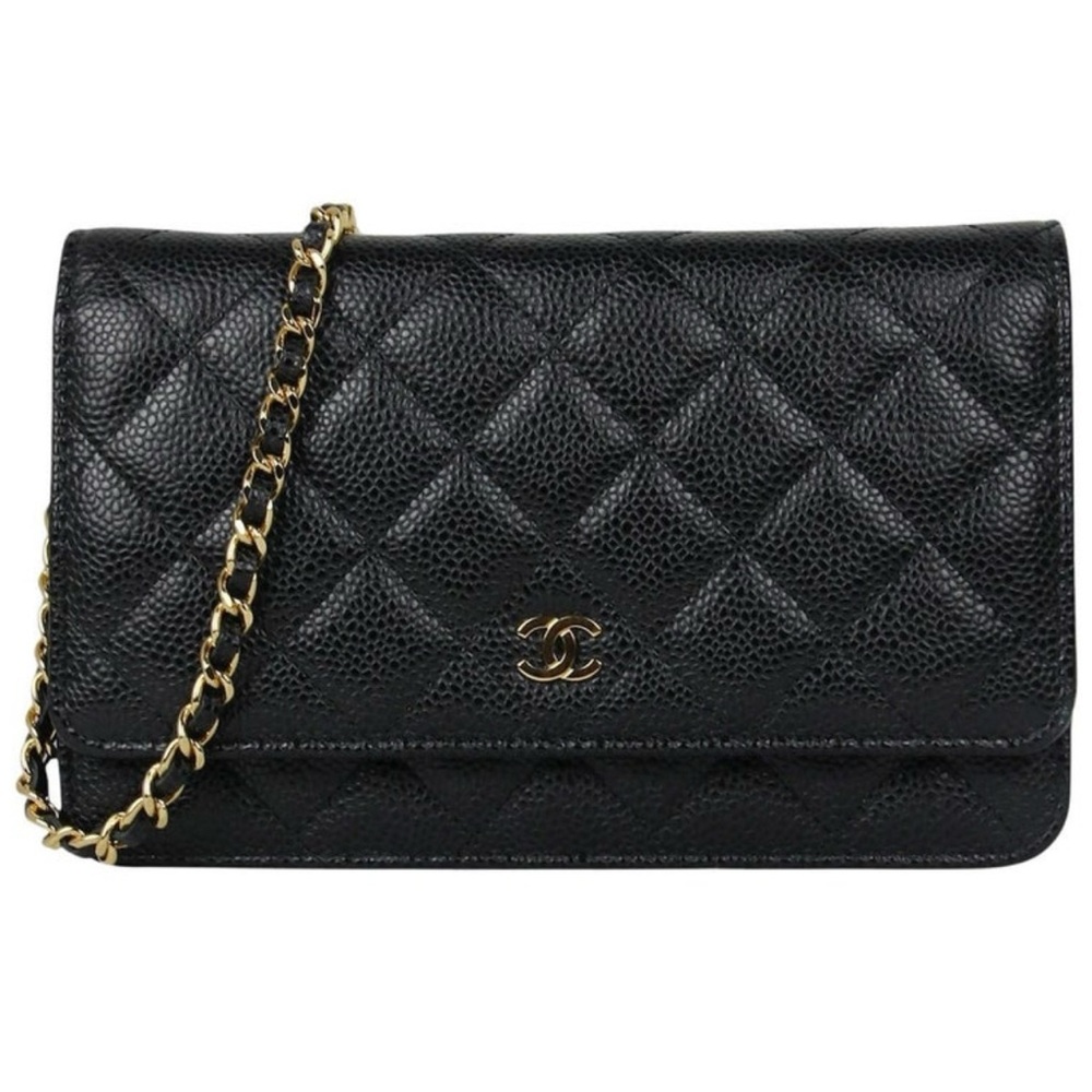 WOC CHANEL Black Caviar Quilted Leather Bag with Gold Chain